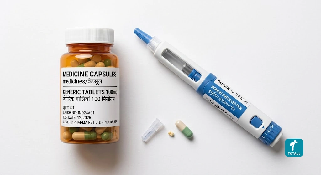 Semaglutide tablet bottle next to an injection pen