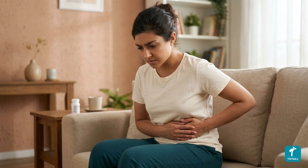 Person experiencing stomach discomfort after a semaglutide dose increase