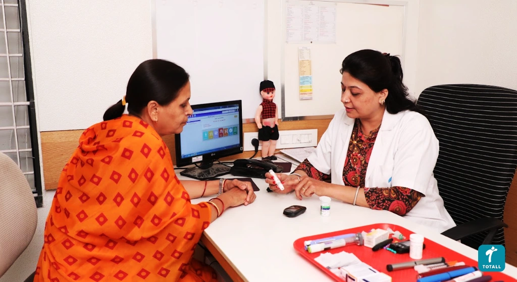 doctor reviewing a semaglutide prescription label with a patient