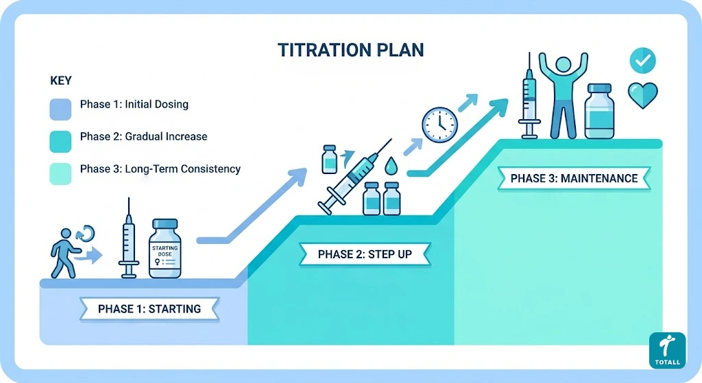 Diagram showing the three phases of semaglutide titration, starting, step up and maintenance