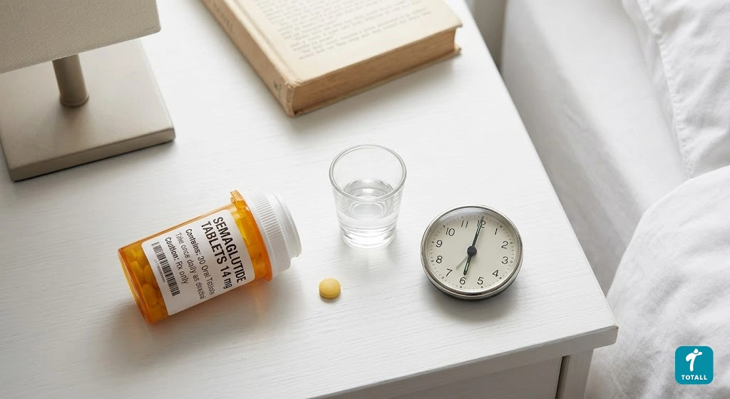 Tablet and small glass of water on a morning nightstand routine