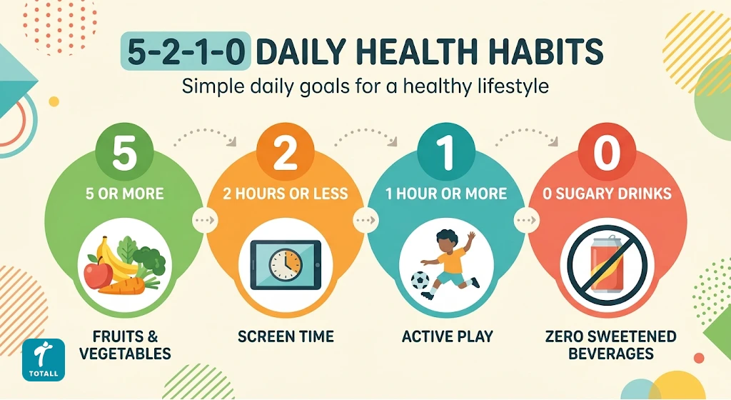 Visual explaining the 5-2-1-0 rule for childhood obesity prevention