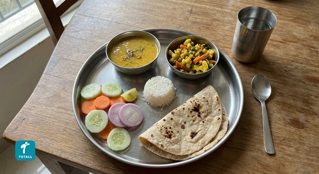 A balanced Indian thali with dal, sabzi, roti and salad representing a balanced weight-loss-friendly meal