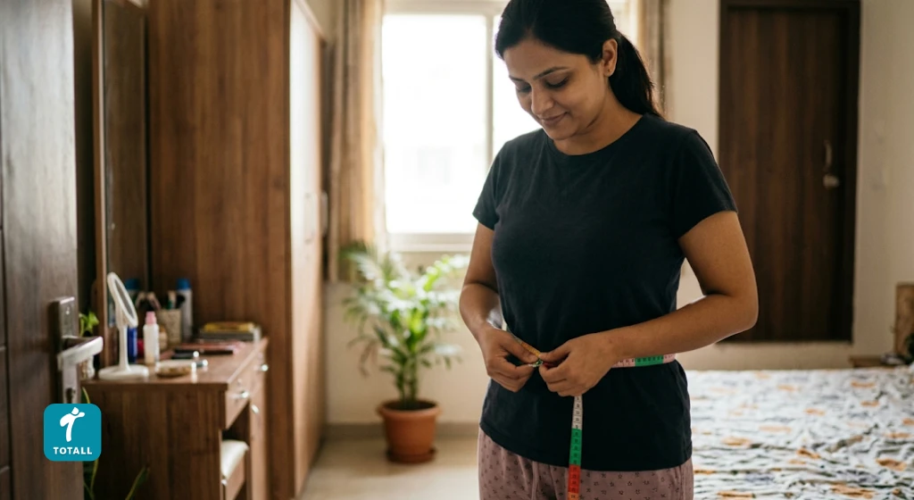 Person checking their BMI and waist measurement with a measuring tape