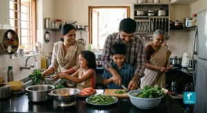 Family preparing a healthy meal together at home