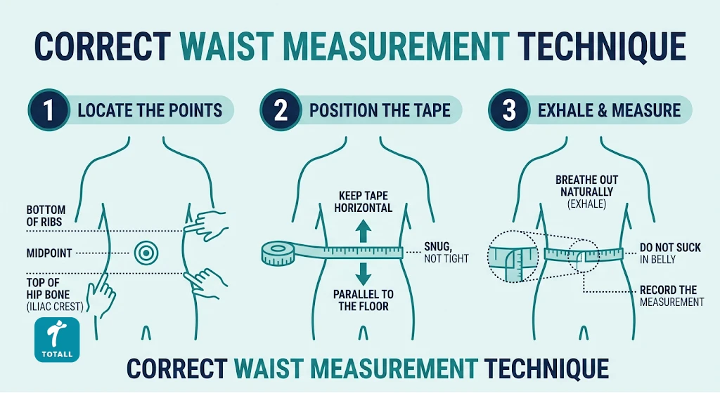 Step-by-step diagram showing correct waist measurement technique