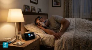 Person sleeping with a CPAP machine beside the bed