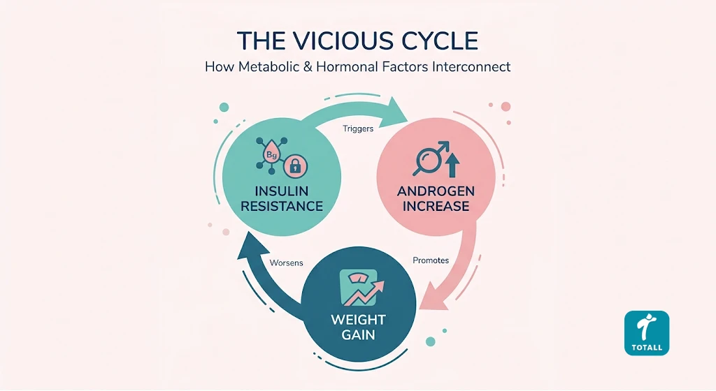 Diagram showing the cycle between insulin resistance, PCOS, and weight gain