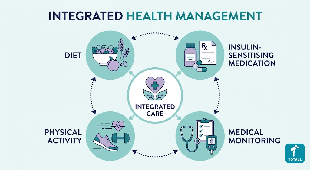 Overview of PCOS-specific weight management approach including diet, metformin and monitoring