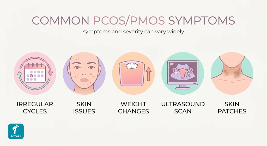 Icon set representing the five core symptoms of PCOS