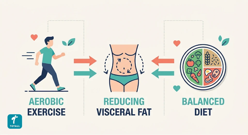 Illustration of aerobic exercise and balanced diet as effective visceral fat reduction strategies