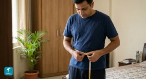 Person measuring their waist with a tape measure at home
