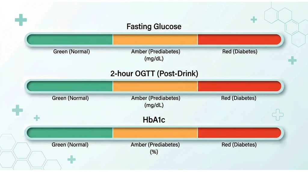 Chart comparing normal, prediabetes and diabetes ranges for fasting glucose, post glucose drink and HbA1c