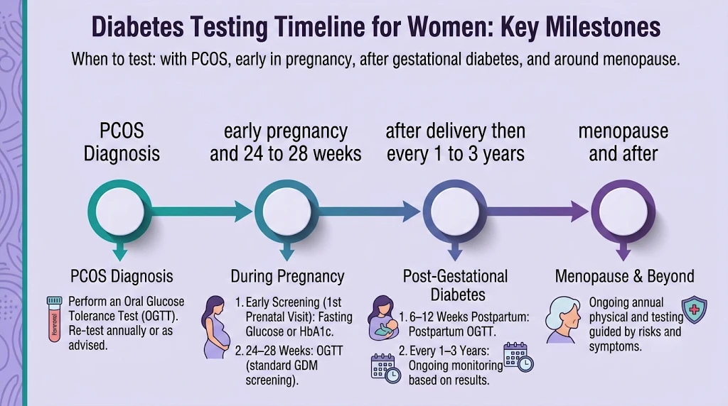 Illustration of diabetes screening considerations for women with PCOS, during pregnancy and after gestational diabetes
