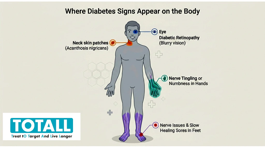 Body map showing where signs of diabetes appear on the skin, eyes, feet and nerves
