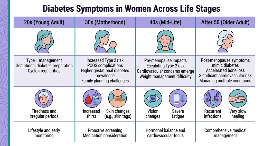 Illustration of diabetes risk factors and screening considerations across women's life stages