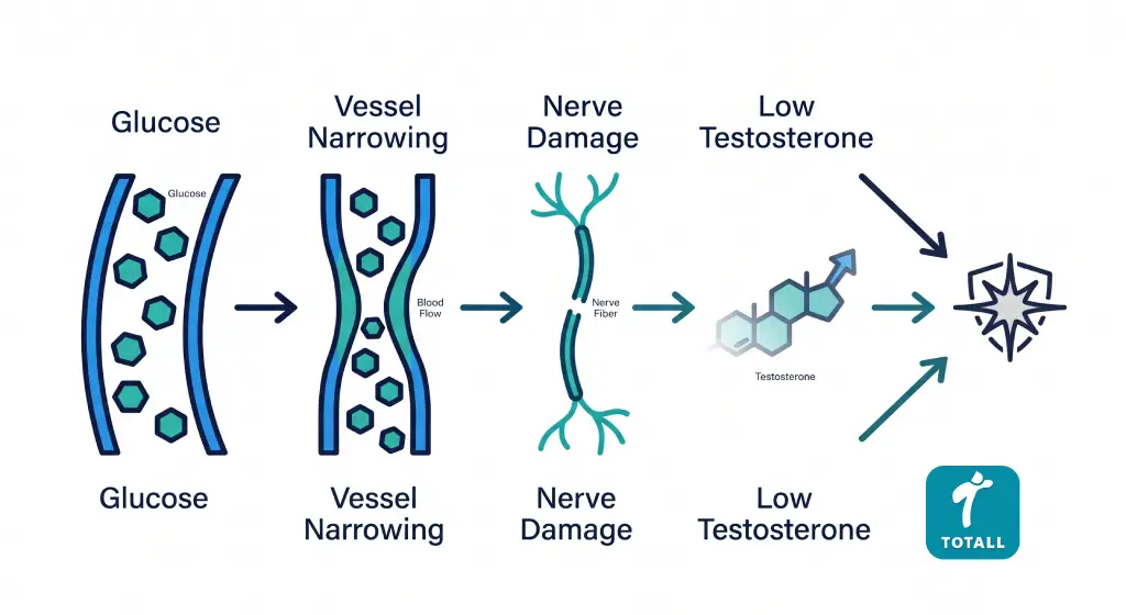 Diagram showing how high blood sugar damages blood vessels and nerves and leads to erectile dysfunction in men
