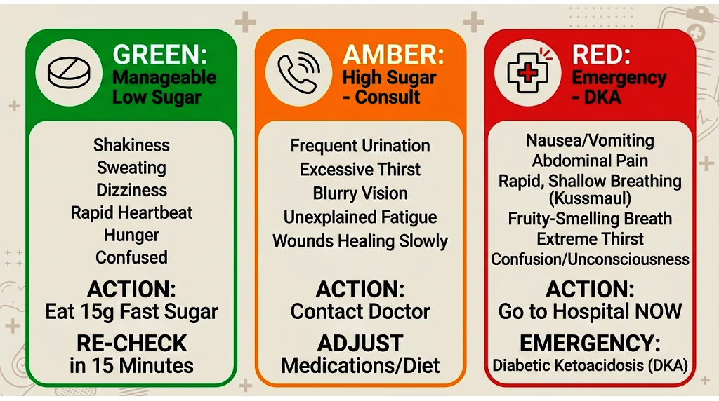 Warning signs of high blood sugar, low blood sugar and diabetic ketoacidosis that need emergency care
