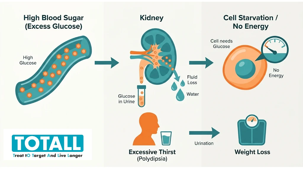 Diagram showing how high blood sugar leads to frequent urination, thirst, fatigue and weight loss in diabetes