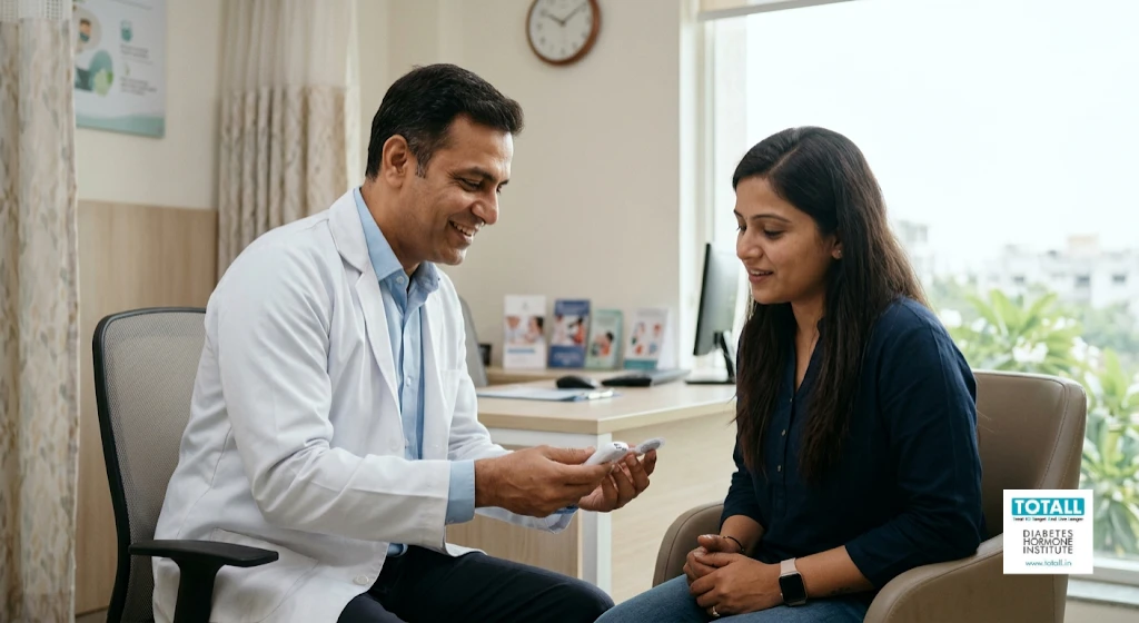 Doctor explaining an AI insulin pump and CGM sensor to a patient during a diabetes consultation in Indore