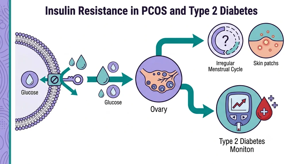 Diagram explaining the relationship between insulin resistance, PCOS and type 2 diabetes