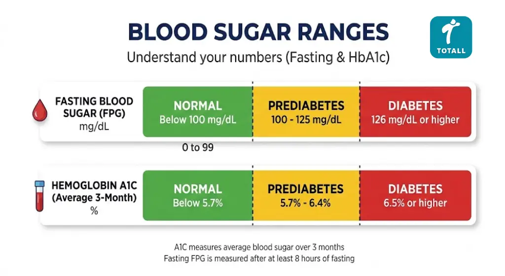 Chart comparing normal, prediabetes and diabetes ranges for fasting glucose, post glucose drink and HbA1c