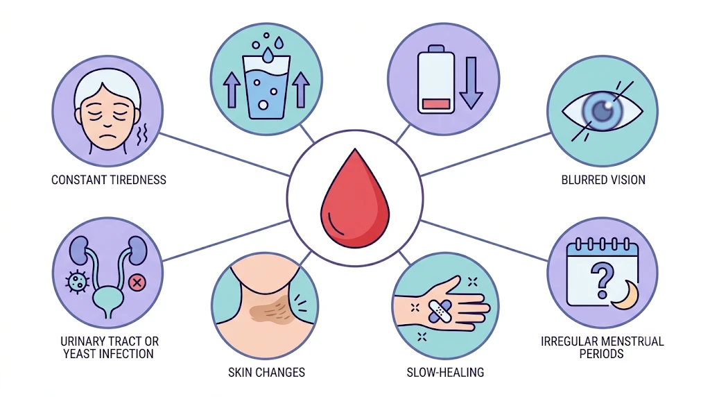 Infographic showing common diabetes symptoms in women, including thirst, frequent urination, fatigue and recurrent infections