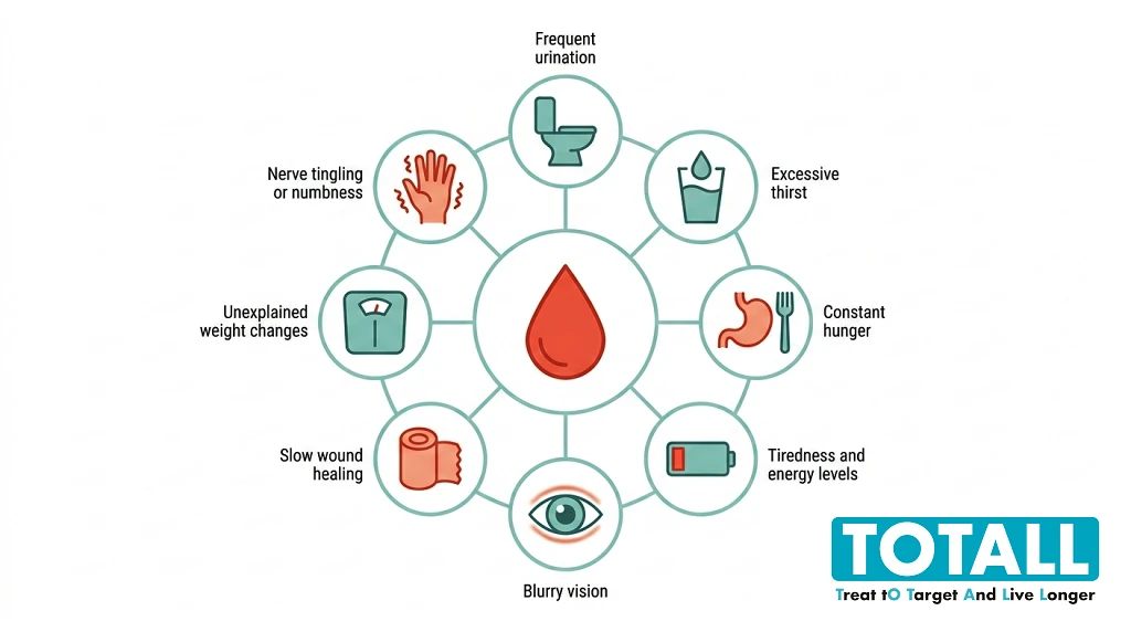 Infographic of the main signs of diabetes including frequent urination, thirst, hunger, tiredness and blurry vision
