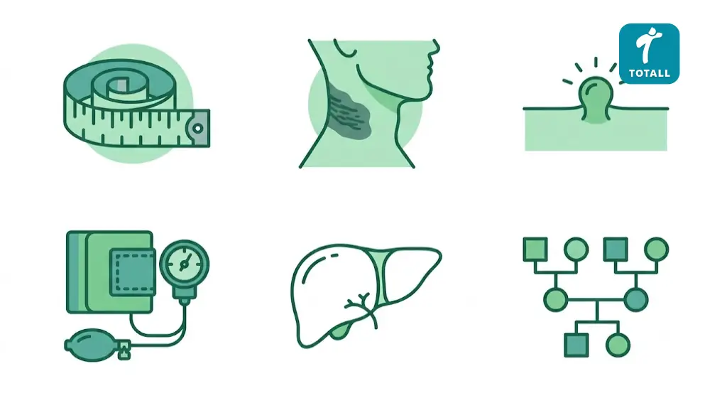 Checklist of silent clues for diabetes risk including waist size, dark neck, skin tags, blood pressure and fatty liver