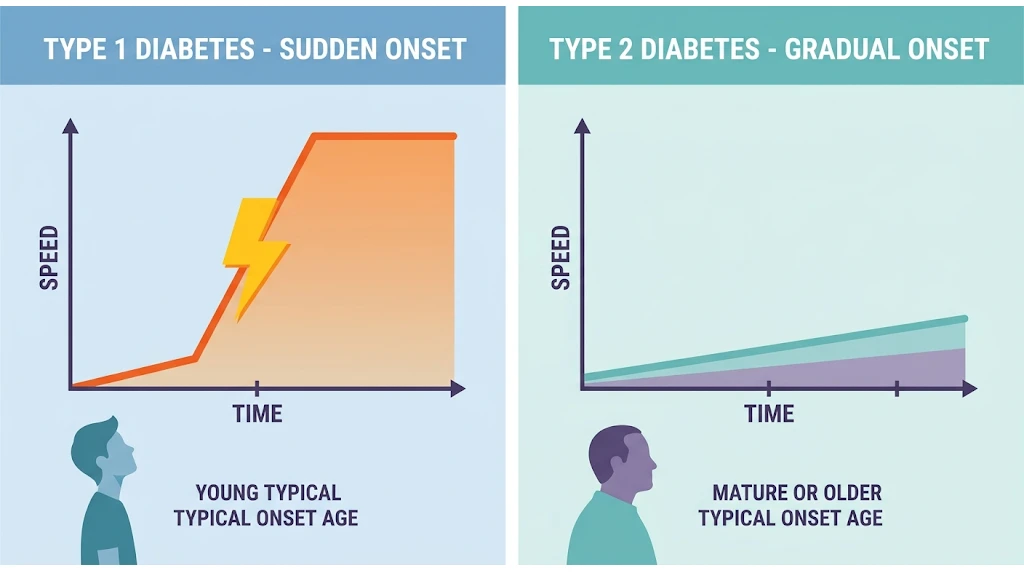 Comparison of the signs of type 1 and type 2 diabetes by speed of onset, age and weight