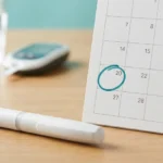 Once a week insulin pen and a calendar with one day marked, showing a weekly insulin injection