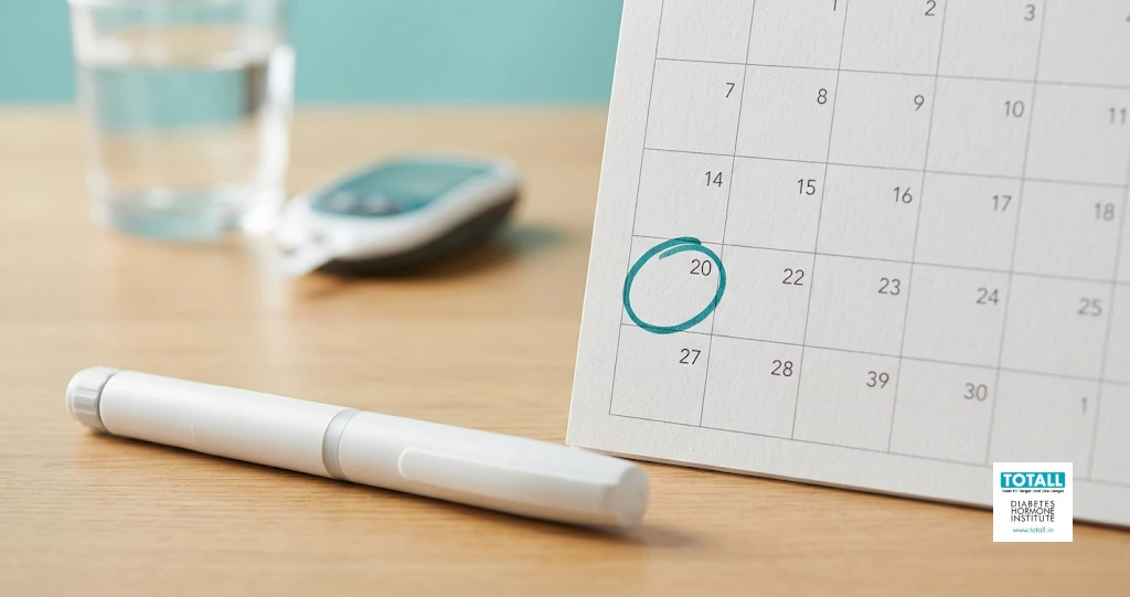 Once a week insulin pen and a calendar with one day marked, showing a weekly insulin injection